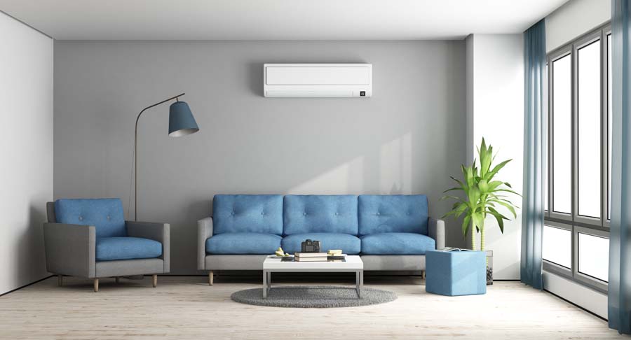 Blue and gray modern living room with sofa,armchair and air conditioner.