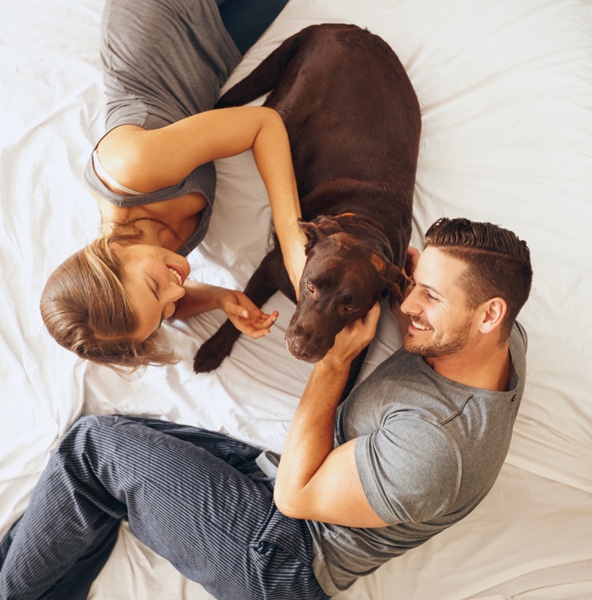 Top view of happy young family relaxing on bed together.