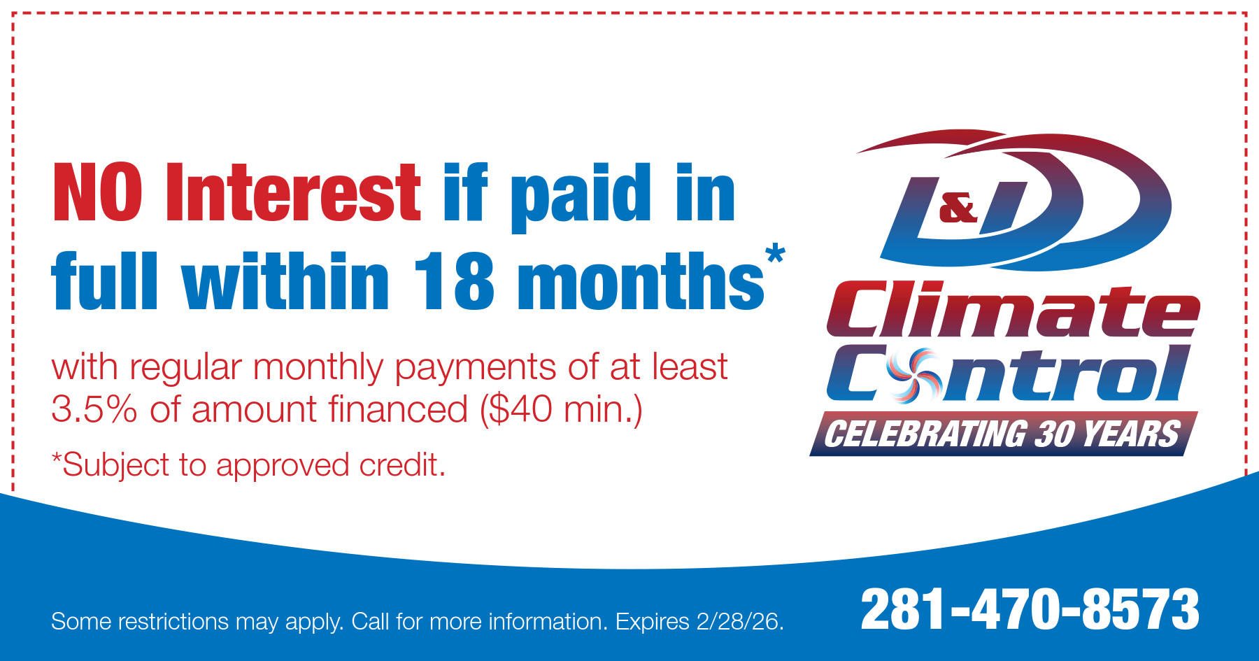 Ad promoting no interest if paid in full within 18 months. Blue and red text with company logo. Includes phone number and offer details.