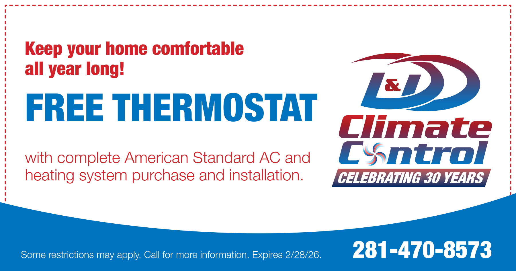 Promotional image offering a free thermostat with the purchase of an American Standard AC and heating system. Includes the company logo and phone number.